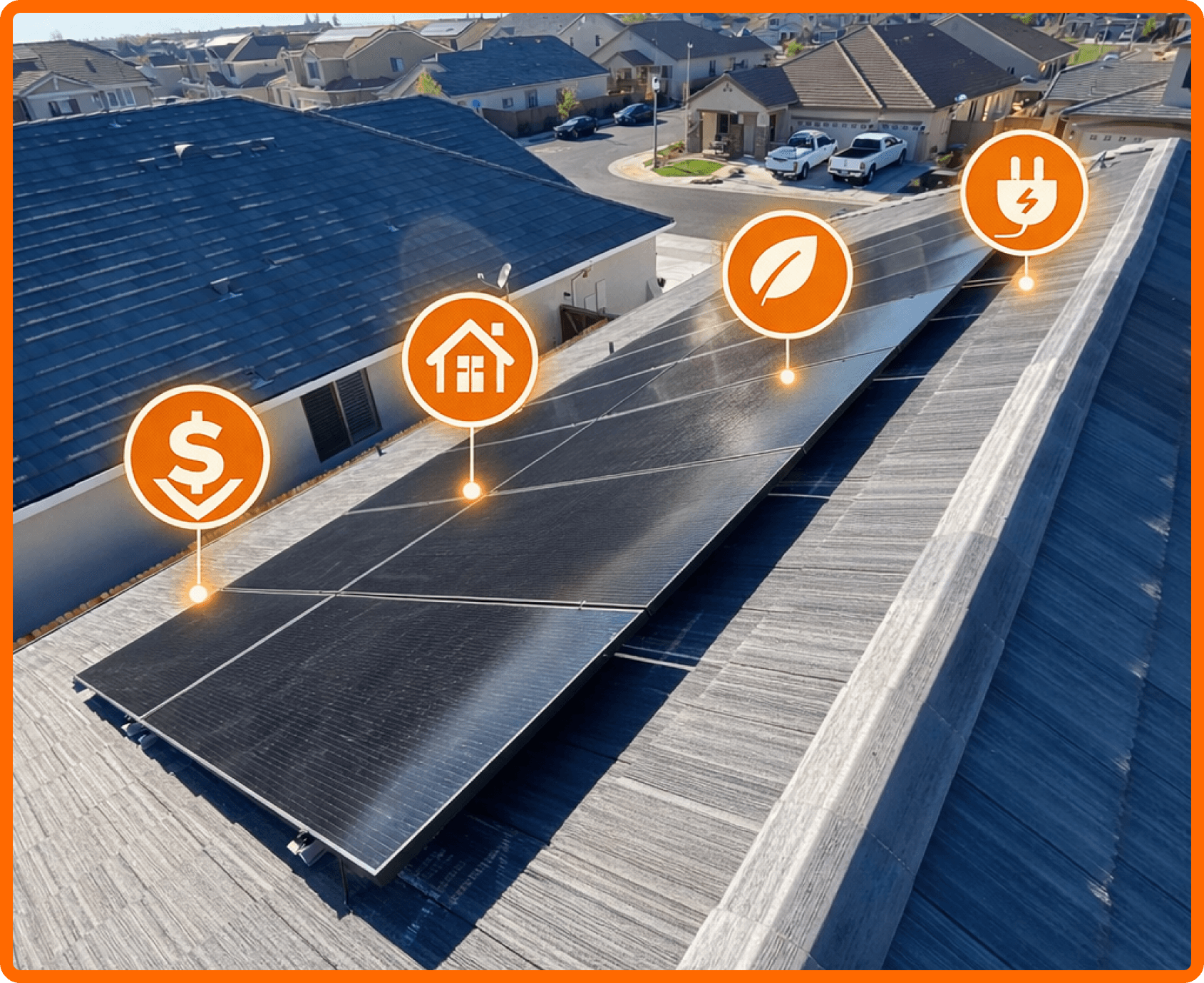 Solar panels with energy icons
